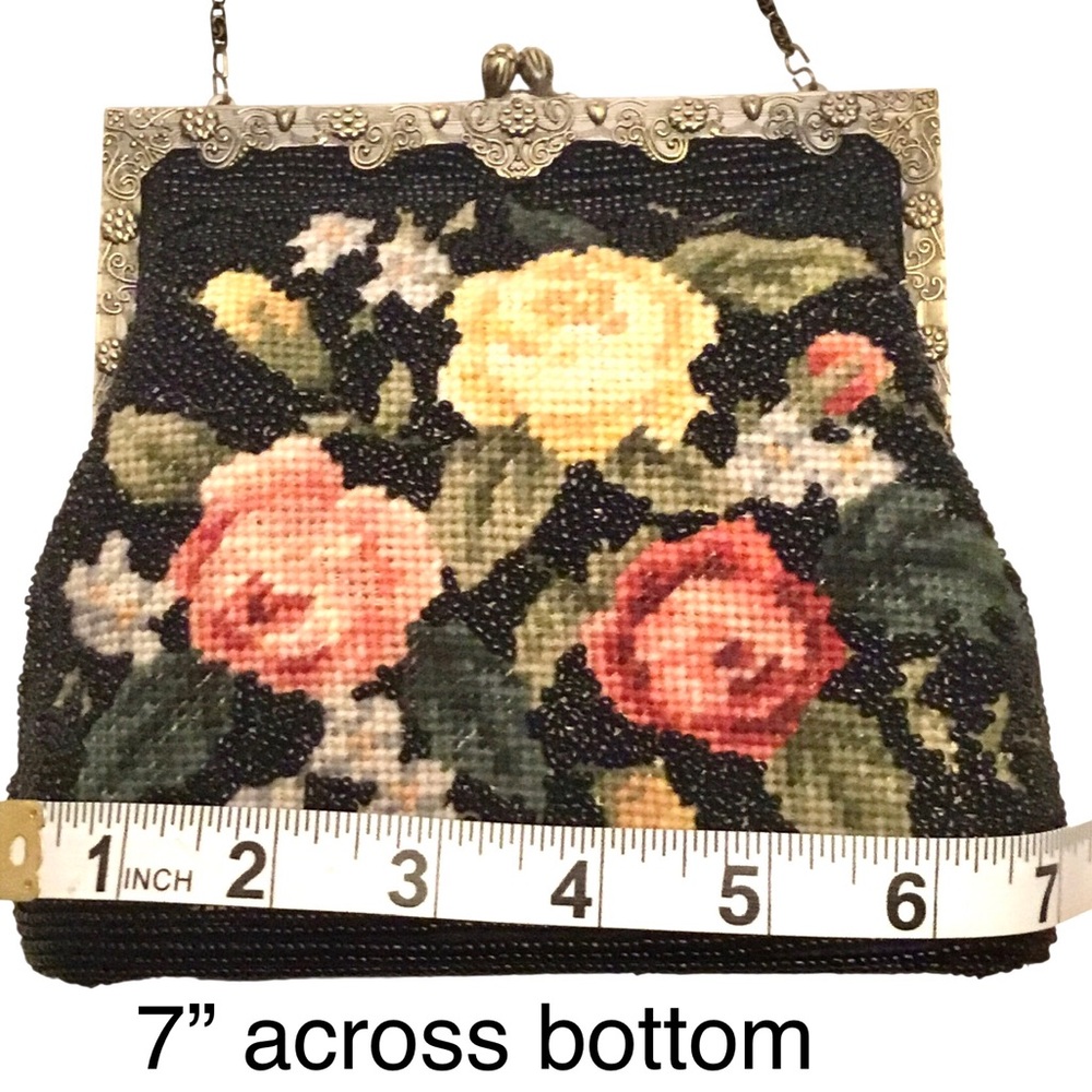 Vintage Style Regency Floral Needlepoint Beaded Evening Bag Pewter Scroll Frame - Picture 11 of 16